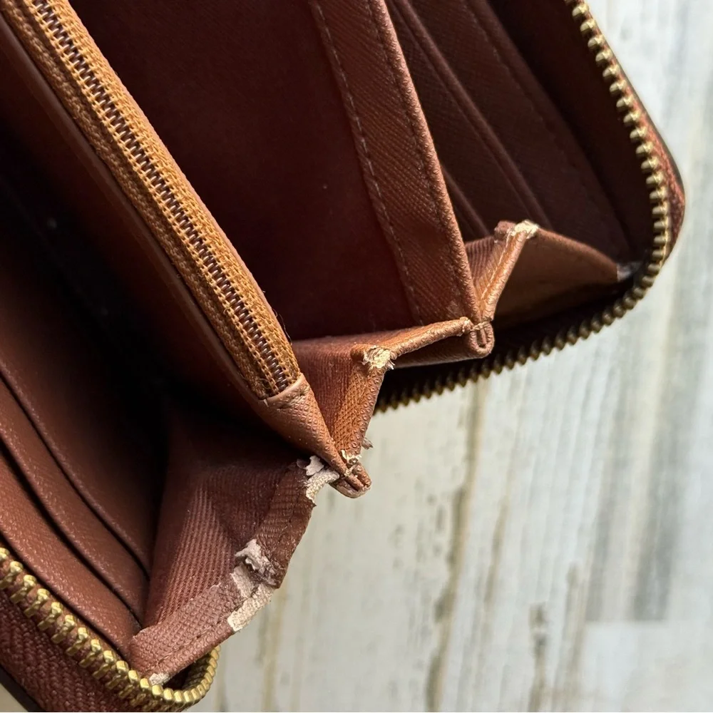 Fossil Cognac 'Sydney' Leather Zip Around Clutch Wristlet Wallet Large Size